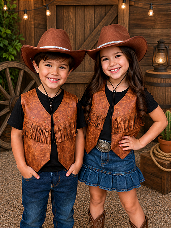 Kit Country Infantil Colete e Chapéu Marrom Com Strass Festa Rodeio