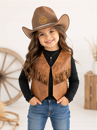 Kit Country Infantil Colete e Chapéu Marrom Festa Junina Com Strass