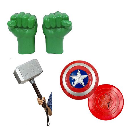 Kit Vingadores Luvas Hulk Martelo Thor Escudo Capitão Americ