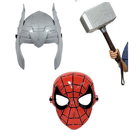 Vingadores Mascara Homem Aranha E Thor Com Martelo Kit 3 Pçs