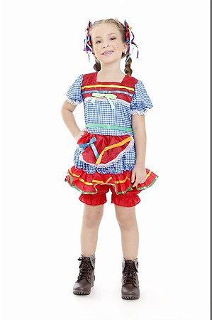Vestido Junino Infantil Azul Com Vermelho