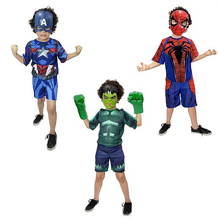 Fantasia Hulk C/ Luvas, Capitão America, Homem Aranha