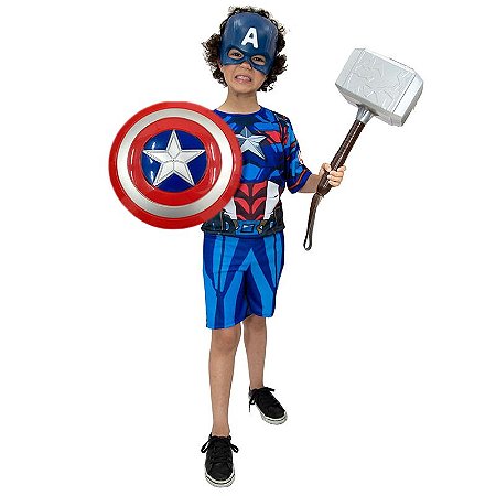 Fantasia Capitão America Com Mascara Escudo E Martelo