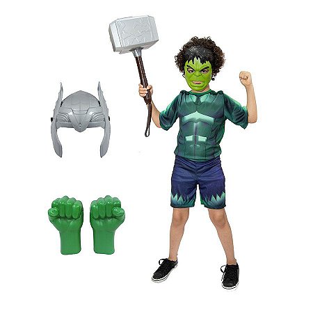 Fantasia Hulk Com Luvas E 2 Mascaras E Martelo Thor Vingadores