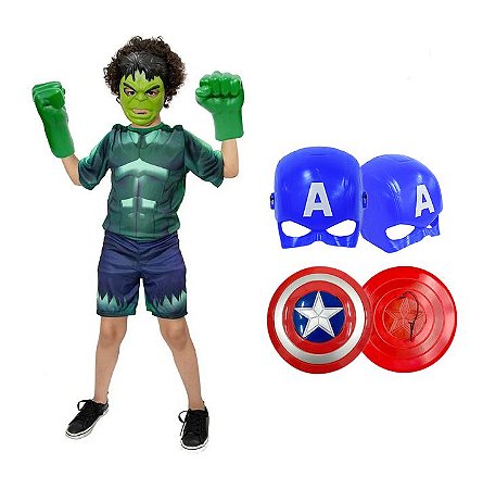 Fantasia Hulk C/ Luvas E 2 Mascaras E Escudo Capitão America