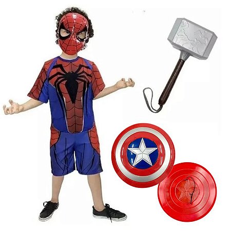 Fantasia Homem Aranha C/ Mascara Escudo E Martelo Thor