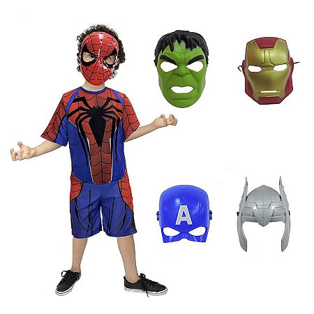 Fantasia Homem Aranha C/ Kit 5 Mascaras Vingadores