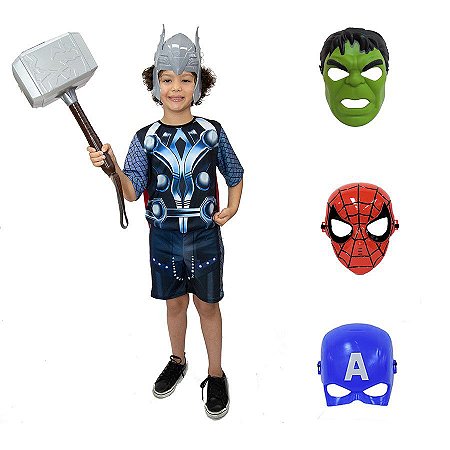 Fantasia Thor Com Martelo E Kit 4 Mascaras Avengers Ultimato
