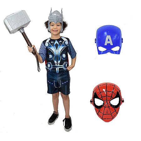 Fantasia Thor Com Martelo E 3 Mascaras Vigadores Ultimato