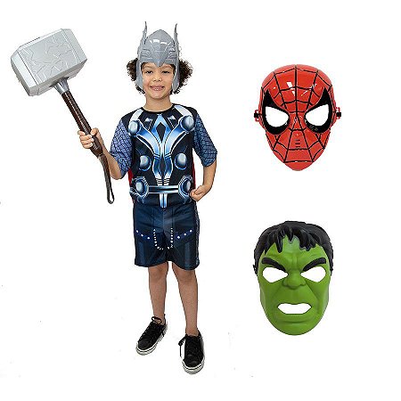 Fantasia Thor Com Martelo E 3 Mascaras Avengers Vingadores