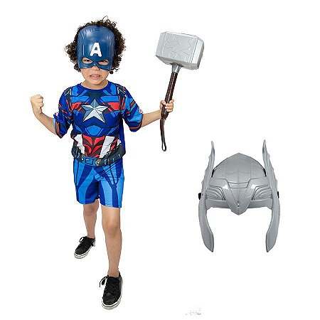 Fantasia Capitão America Com Martelo Thor E 2 Mascaras Heroi