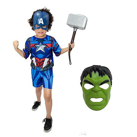 Fantasia Capitão America Com Martelo Thor E 2 Mascaras Inf