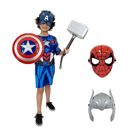 Fantasia Capitão America Com Escudo, Martelo Thor