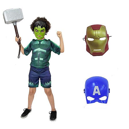 Fantasia Hulk Com Martelo Thor E 3 Mascaras Vingadores