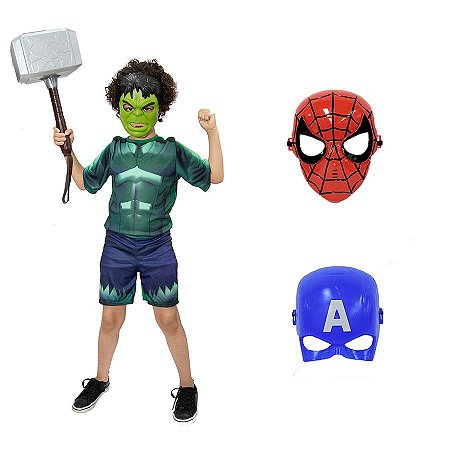 Fantasia Hulk Com Martelo Thor E 3 Mascaras Vingadores Aveng