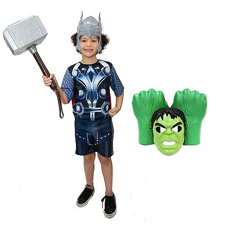 Fantasia Thor C/ Martelo, 2 Mascaras E Luvas Hulk Vingadores