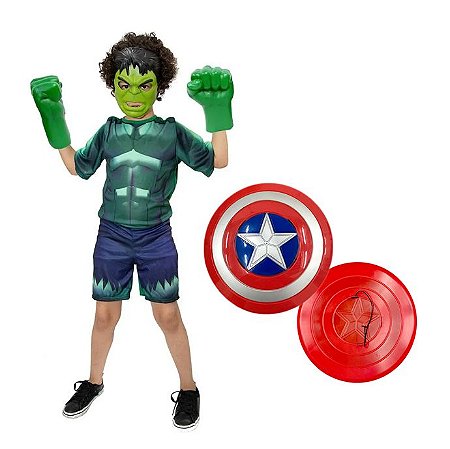 Fantasia Hulk Com Luvas E Mascara + Escudo Capitão America