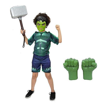 Fantasia Hulk Com Luvas E Mascara + Martelo Thor Vingadores