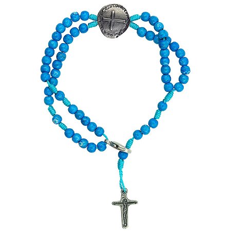 Terço Pulseira Infantil Medalha das Duas Cruzes - Pedra Cerâmica Azul