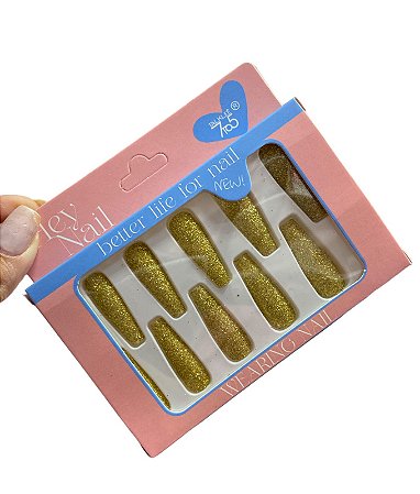 Unhas Postiças Glitter Hey Nail - Dourado