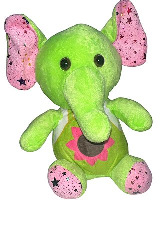 Pelúcia -Elefante verde com flor na barriga