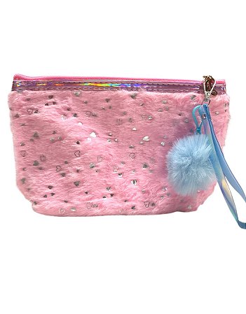 Necessaire - Rosa com corações prata