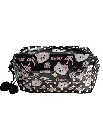 Necessaire Estojo- Preto Vários gatos com laço
