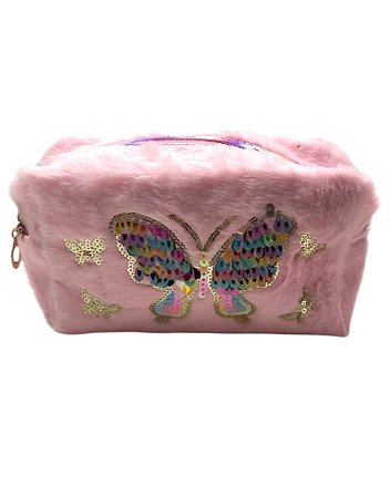 Necessaire Estojo- Pelinho Rosa Claro  Borboleta