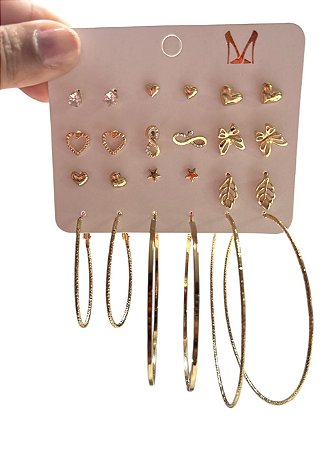 CARTELA DE BRINCOS 12 PARES - N11 - DOURADO
