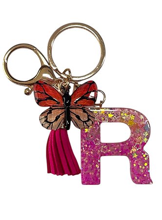 CHAVEIRO ROSA ESCURO LETRA R - (pingente borboleta)