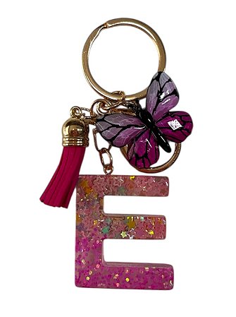 CHAVEIRO ROSA ESCURO LETRA E - (pingente borboleta)