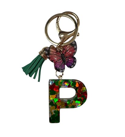 CHAVEIRO VERDE LETRA P - (pingente borboleta)