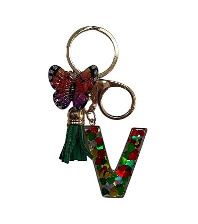 CHAVEIRO VERDE LETRA V - (pingente borboleta)