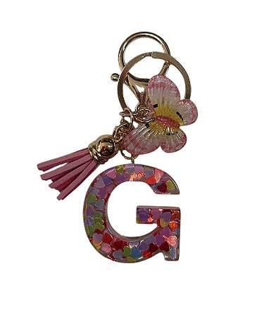 CHAVEIRO ROSA LETRA G  - (pingente borboleta)