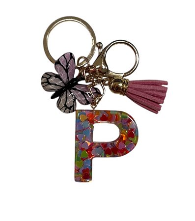 CHAVEIRO ROSA LETRA P  - (pingente borboleta)