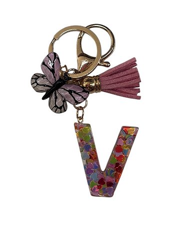 CHAVEIRO ROSA LETRA V  - (pingente borboleta)