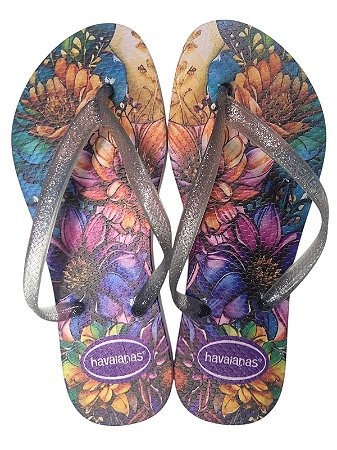 SANDÁLIA INSPIRAÇÃO HAVAIANAS - FLORES AZUL COM ROXO