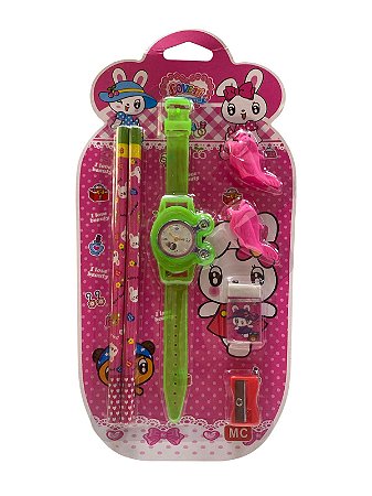 Kit Escolar + Relógio Verde- Rosa
