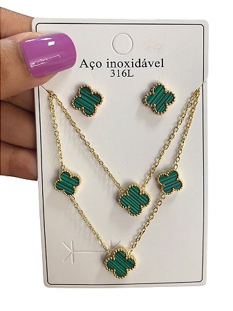 COLAR DUPLO + BRINCO - TR 1 VERDE COM DOURADO