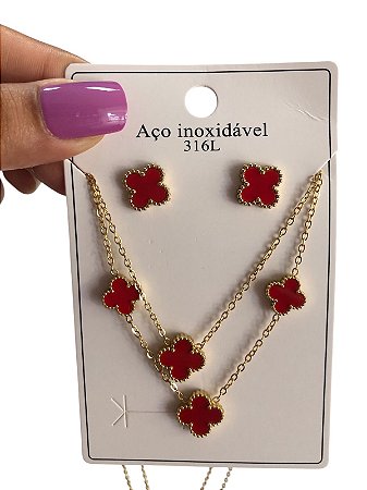 COLAR DUPLO + BRINCO - TR 1 VERMELHO COM DOURADO