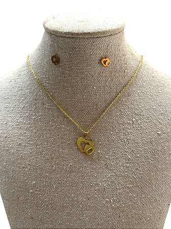 CONJUNTO DE COLAR + BRINCO L4 - CORAÇÃO DUPLO DOURADO