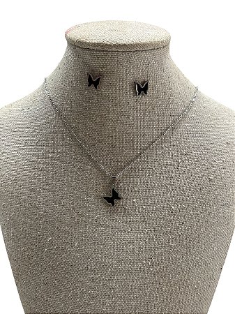 CONJUNTO DE COLAR + BRINCO S1 - BORBOLETA PRETA COM PRATA