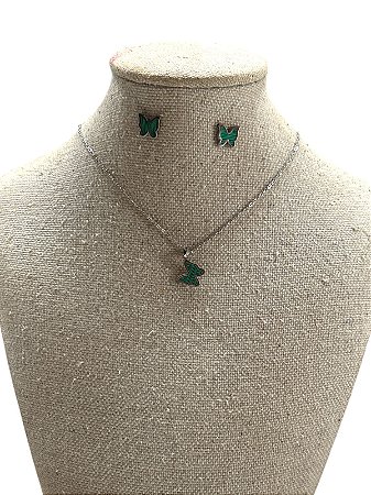 CONJUNTO DE COLAR + BRINCO S1 - BORBOLETA VERDE COM PRATA