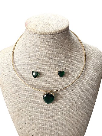 Conjunto | Colar +Brinco - Dourado Com Verde - AM11