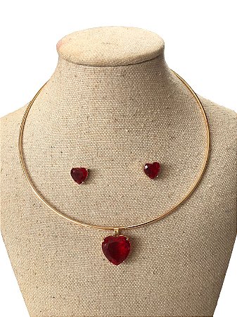 Conjunto | Colar +Brinco - Dourado Com Vermelho - AM11