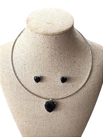 Conjunto | Colar +Brinco - Prata Com Preto - AM11