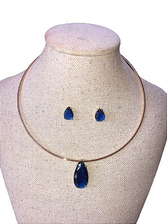Conjunto | Colar +Brinco - Dourado Com Pedra Azul - AM9