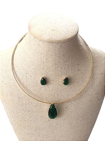Conjunto | Colar +Brinco - Dourado + Verde - AM9