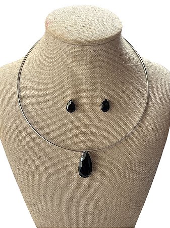 Conjunto | Colar +Brinco - Prata + Preto- AM9