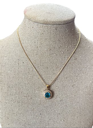 Colar Folheado Dourado Com Pedra Azul- AK20